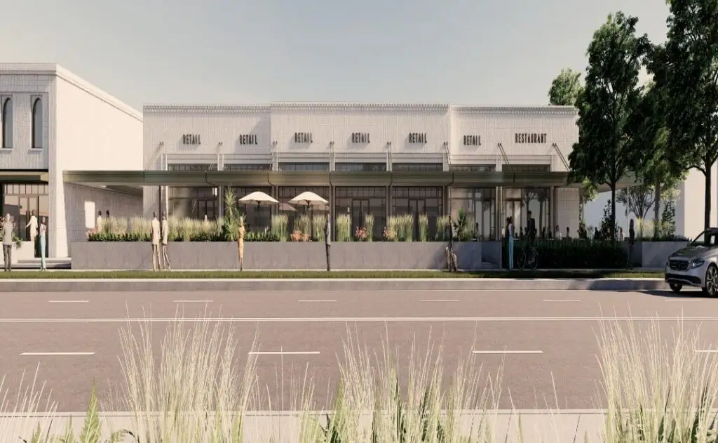 Renderização do Fairbanks Crossing, novo complexo de lojas e restaurantes na West Fairbanks Avenue em Winter Park, Orlando
